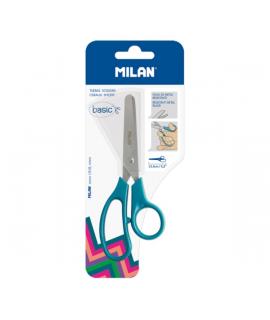 Milan Basic Blister de Tijeras Escolares Basic Verde Azulado - Mango Ergonomico - Punta Redondeada - Acero Inoxidable de 13.4cm 