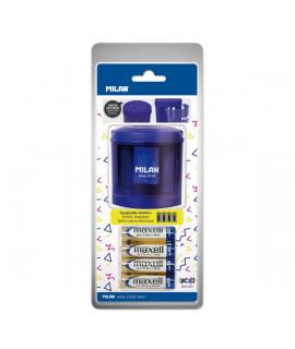 Milan Power-Sharp Acid Sacapuntas Electrico - Pilas Incluidas - Deposito Integrado - Cuchilla de Acero al Carbono de Seguridad -