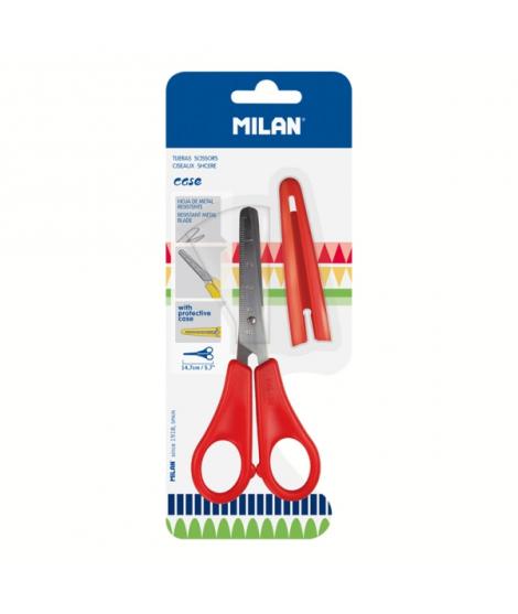 Milan Tijeras con Funda - Regla Integrada de 5cm - Punta Redondeada - Acero Inoxidable de 14.7cm - Color Rojo