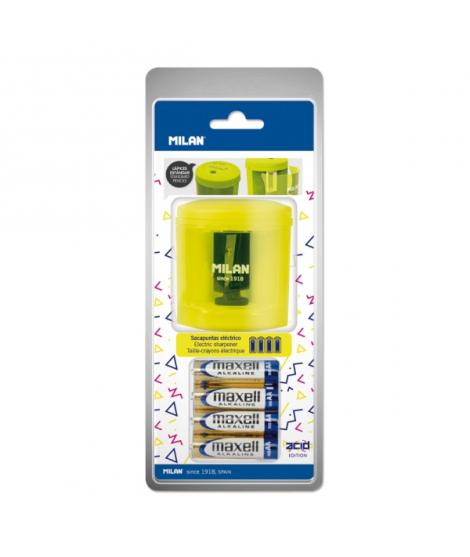 Milan Power-Sharp Acid Sacapuntas Electrico - Pilas Incluidas - Deposito Integrado - Cuchilla de Acero al Carbono de Seguridad -