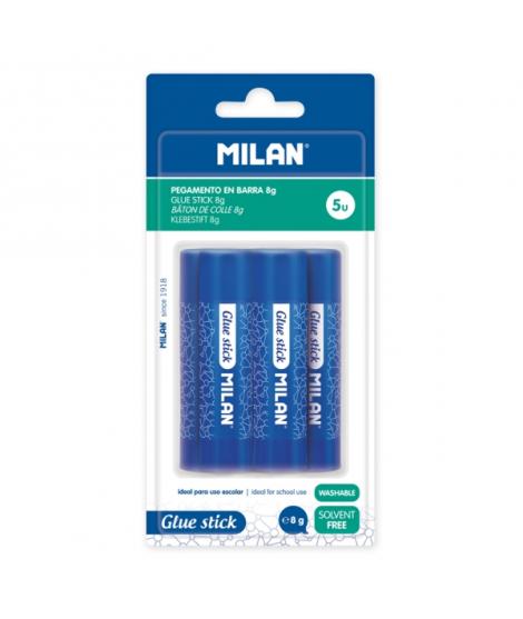 Milan Pack de 5 Barra de Pegamento 8 g - Multiusos - Multisuperficies - Sin Disolventes - Uso Escolar - Color Azul