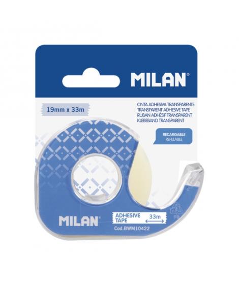 Milan Portarrollos con Cinta Adhesiva - Cinta Transparente Brillante - Hoja de Corte Metalica - 19mm x 33m - Color Azul