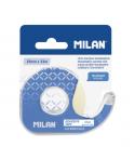 Milan Portarrollos con Cinta Adhesiva - Cinta Transparente Brillante - Hoja de Corte Metalica - 19mm x 33m - Color Azul