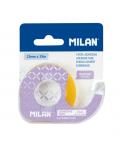 Milan Portarrollos con Cinta Adhesiva - Cinta Amarillo Transparente - Hoja de Corte Metalica - 12mm x 33m - Color Lila