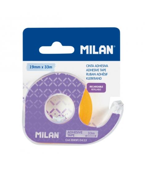 Milan Portarrollos con Cinta Adhesiva - Cinta Amarillo Transparente - Hoja de Corte Metalica - 19mm x 33m - Color Lila