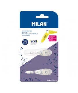 Milan Acid Pack de 2 Recambios para Cinta Correctora con Pulsador - Presentacion en Blister - 5mm x 6m - Color Blanco