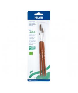 Milan 101 Pack de 3 Pinceles Redondos - Formatos Surtidos - Pelo de Cabra y Sintetico - Color Madera Oscuro