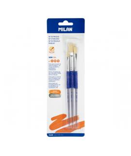 Milan 526 Pack de 3 Pinceles Planos - Formatos Surtidos - Cerda Natural - Mango Ergonomico de Plastico - Color Blanco