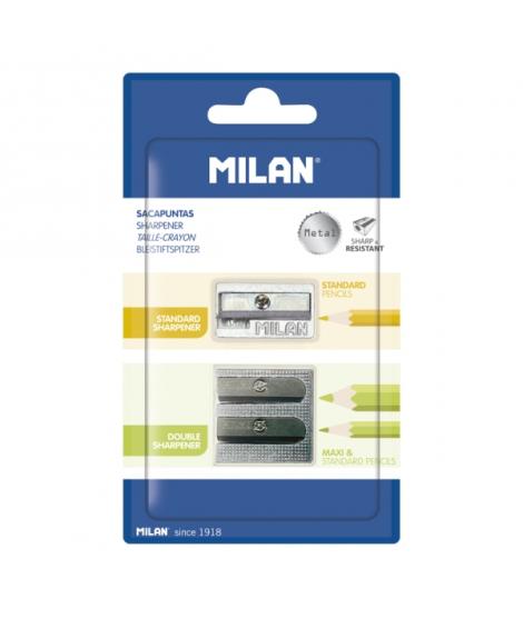 Milan Pack de 2 Sacapuntas de Aluminio Sin Deposito - 1 Estandar - 1 Doble para Normal y Maxi - Color Plata