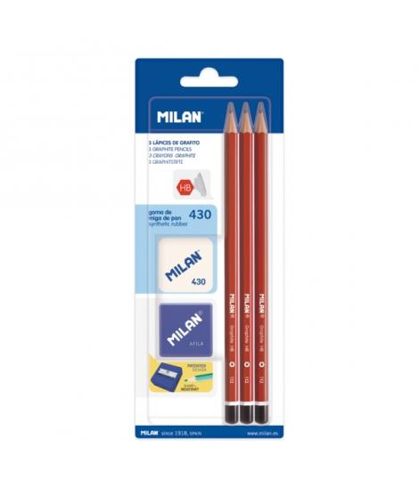 Milan Pack de 3 Lapices HB + Sacapuntas + Goma de Borrar 430 - Hexagonales - Color Rojo