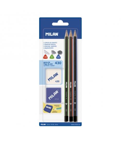 Milan Pack de 3 Lapices + Sacapuntas + Goma de Borrar - Triangulares - Durezas Surtidas - Colores Surtidos