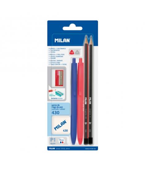 Milan P1 Touch Pack de 2 Boligrafos + 2 Lapices + Goma 430 + Sacapuntas - Tinta Azul y Roja - Durezas HB y H - Colores Surtidos