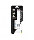 Milan Pack de 3 Lapices + 1 Goma para Dibujo - Mina Blanca para Papel Oscuro - Miga de Pan Flexible - Color Blanco