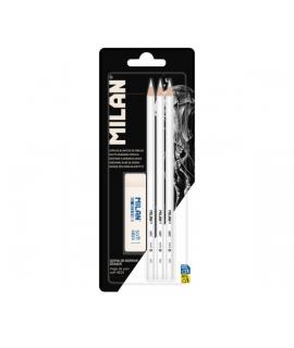 Milan Pack de 3 Lapices + 1 Goma para Dibujo - Mina Blanca para Papel Oscuro - Miga de Pan Flexible - Color Blanco