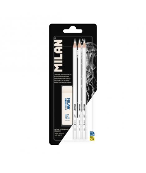 Milan Pack de 3 Lapices + 1 Goma para Dibujo - Mina Blanca para Papel Oscuro - Miga de Pan Flexible - Color Blanco