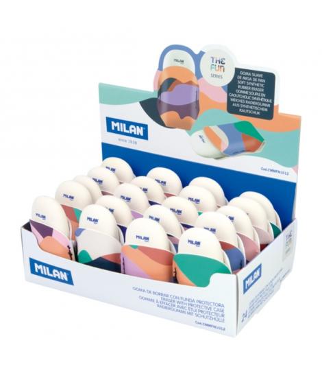 Milan The Fun 1012 Expositor con 24 Gomas de Borrar con Funda - Miga de Pan - Caucho Sintetico - Ovaladas - Colores Surtidos