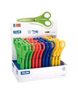 Milan Expositor con 24 Tijeras con Funda - Regla Integrada de 5cm - Punta Redondeada - Acero Inoxidable de 14.7cm - Colores Surt