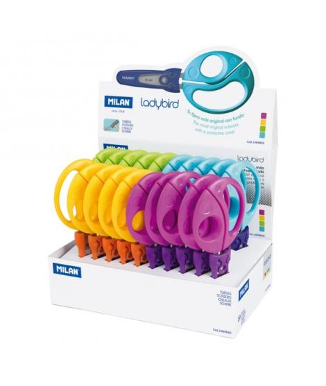 Milan Ladybird Expositor con 20 Tijeras con Funda - Mango Ergonomico - Punta Redondeada - Acero Inoxidable de 15cm - Colores Sur