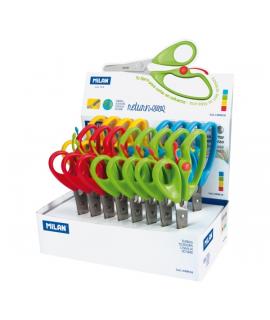 Milan Return Expositor con 18 Tijeras Return - Mango Ergonomico - Punta Redondeada - Acero Inoxidable de 14.4cm - Colores Surtid