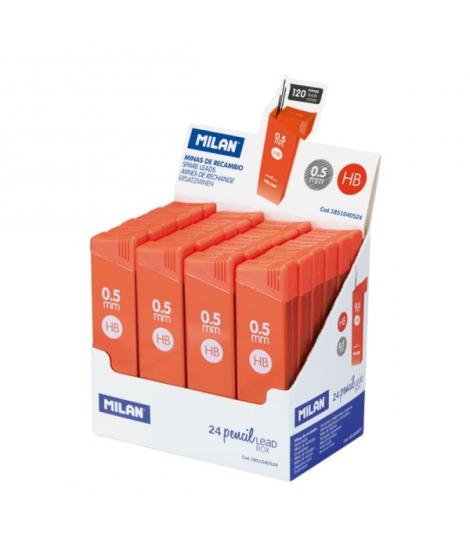 Milan Expositor con 24 Cajas de 120 Minas 0.5mm - Dureza HB - Color Naranja