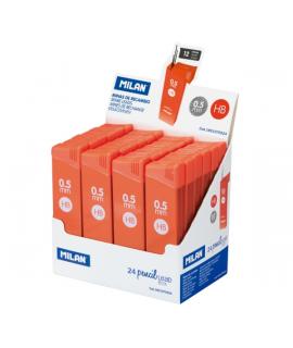 Milan Expositor con 24 Cajas de 12 Minas 0.5mm - Dureza HB - Color Naranja