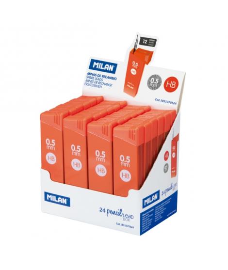 Milan Expositor con 24 Cajas de 12 Minas 0.5mm - Dureza HB - Color Naranja