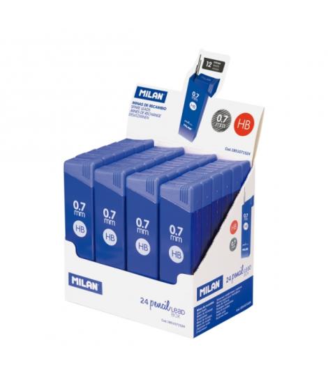 Milan Expositor con 24 Cajas de 12 Minas 0.7mm - Dureza HB - Color Azul