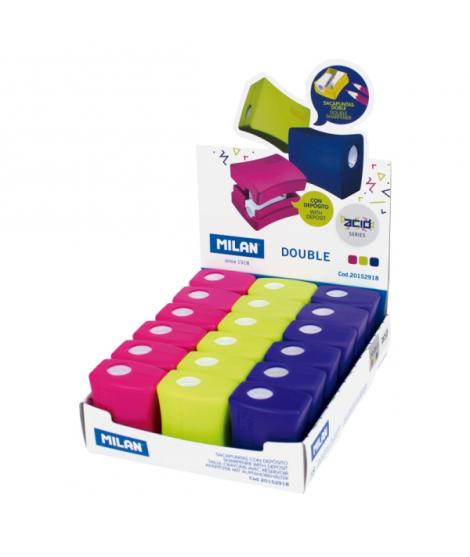 Milan Double Acid Expositor con 18 Sacapuntas - Regular y Maxi - Deposito Integrado - Cuchilla de Acero de Seguridad - Colores S