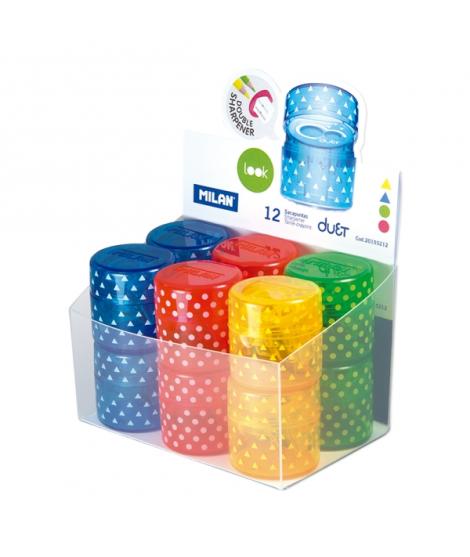 Milan Duet Look Expositor con 12 Sacapuntas Doble - Regular y Maxi - Deposito Integrado - Cuchilla de Acero de Seguridad - Color