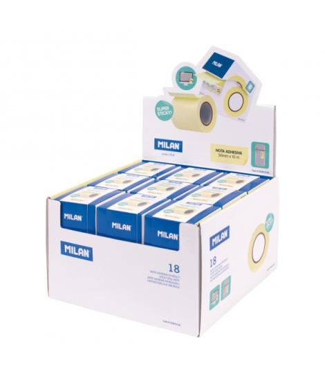 Milan Expositor con 18 Rollos Dispensadores de Banda de Papel Adhesivo - Arista para Cortes Precisos - 5Cmx10m - Color Amarillo 