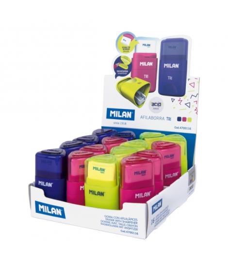 Milan Tri Acid Expositor con 16 Afilaborras - Goma Triangular - Deposito Integrado - Cuchilla de Acero de Seguridad - Colores Su