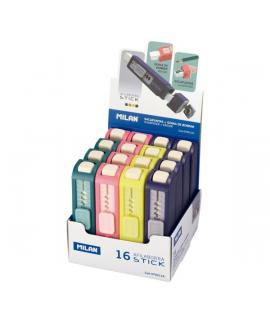 Milan Stick Expositor con 16 Afilaborras - Goma Larga - Deposito Integrado - Cuchilla de Acero de Seguridad - Colores Surtidos