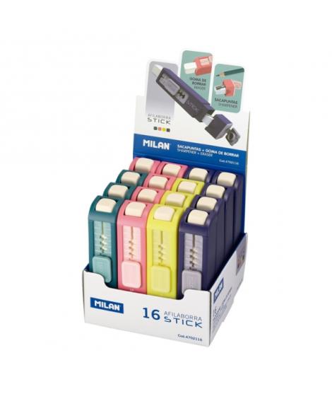 Milan Stick Expositor con 16 Afilaborras - Goma Larga - Deposito Integrado - Cuchilla de Acero de Seguridad - Colores Surtidos