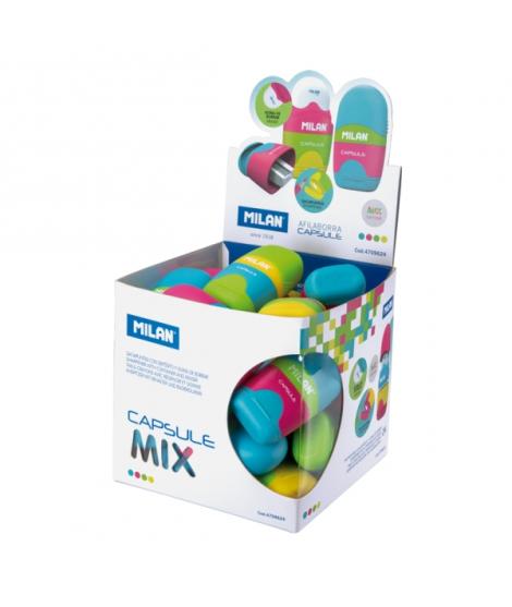 Milan Capsule Mix Expositor con 24 Afilaborras - Goma Miga de Pan - Deposito Integrado - Cuchilla de Acero de Seguridad - Colore