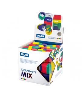 Milan Compact Mix Expositor con 24 Afilaborras - Goma Miga de Pan - Deposito Integrado - Cuchilla de Acero de Seguridad - Colore