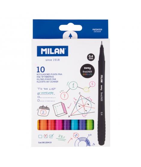 Milan Sway Fineliner Pack de 10 Rotuladores - Tinta al Agua - Punta Fina 0.4mm - Colores Surtidos