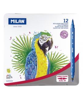 Milan Pack de 12 Rotuladores Doble Punta - Caja Metalica - Punta Fina 2mm - Pincel 0.5 a 4mm - Colores Surtidos