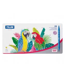 Milan Pack de 24 Rotuladores Doble Punta Fina - Pincel - Caja Metalica - Punta Fina 2mm - Pincel 0.5 a 4mm - Colores Surtidos