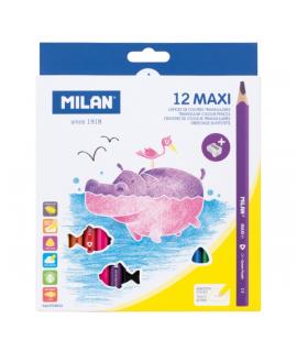 Milan Maxi Pack de 12 Lapices de Colores - Incluye Sacapuntas - Hexagonales - Colores Surtidos