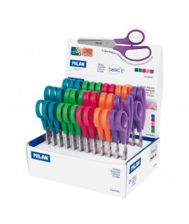 Milan Basic Expositor con 24 Tijeras Basic - Mango Ergonomico - Punta Redondeada - Acero Inoxidable de 13.4cm - Colores Surtidos