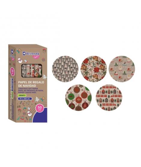 Bismark Kraft Navidad Rollo de Papel Kraft Regalo - Medidas 70cmx200cm - 5 Diseños Diferentes
