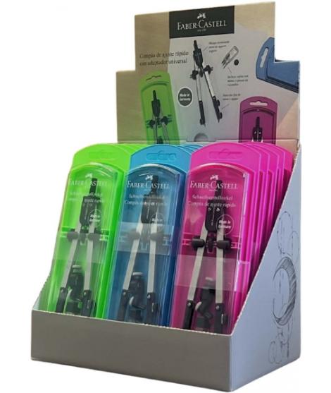 Faber-Castell Expositor de 15 Compases de Ajuste con Tornillo Central - Articulaciones en ambos Brazos - Adaptador Universal - B
