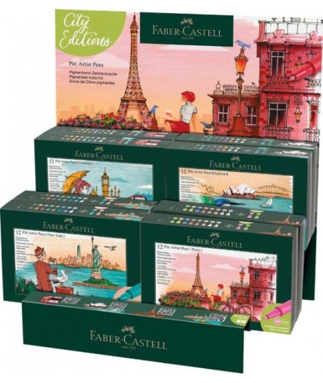 Faber-Castell Pitt Artist Pen Brush City Collection Expositor con 8 Estuches con 12 Rotuladores Punta Pincel - Tinta Pigmentada 