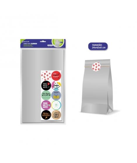 Bismark Pack de 10 Sobres Papel Kraft 50grs con 10 Pegatinas para Cierre - Medidas 24x42x6cm - Ideal para Regalos - Color Plata