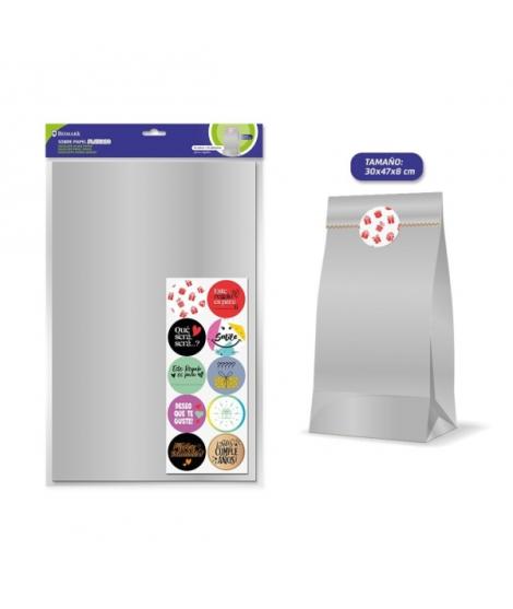 Bismark Pack de 10 Sobres Papel Kraft 50grs con 10 Pegatinas para Cierre - Medidas 30x47x8cm - Ideal para Regalos - Color Plata