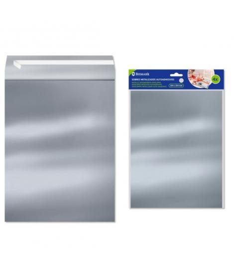 Bismark Pack de 4 Sobres Metalizados - Medidas 324x254mm - Cierre Autoadhesivo - Ideal para Regalos - Color Plata