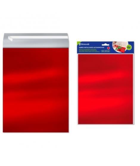 Bismark Pack de 4 Sobres Metalizados - Medidas 324x254mm - Cierre Autoadhesivo - Ideal para Regalos - Color Rojo Metalizado