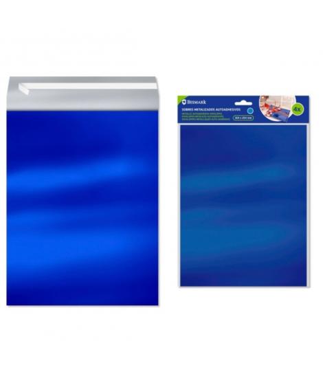 Bismark Pack de 4 Sobres Metalizados - Medidas 324x254mm - Cierre Autoadhesivo - Ideal para Regalos - Color Azul Metalizado