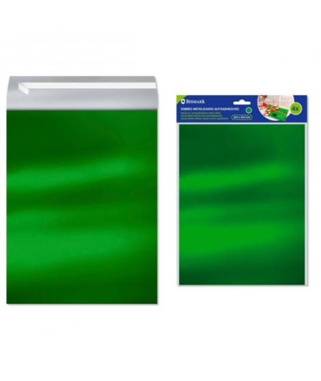 Bismark Pack de 4 Sobres Metalizados - Medidas 324x254mm - Cierre Autoadhesivo - Ideal para Regalos - Color Verde Metalizado