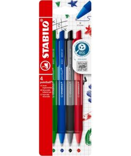Stabilo Pointball Colorful Pack de 4 Boligrafos Retractiles - Trazo 0.5mm - Hechos con 87% Bioplastico - Grip Antideslizante - R